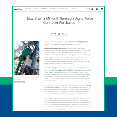 News: 3 Millionth Emerson Digital Valve Controller Purchased