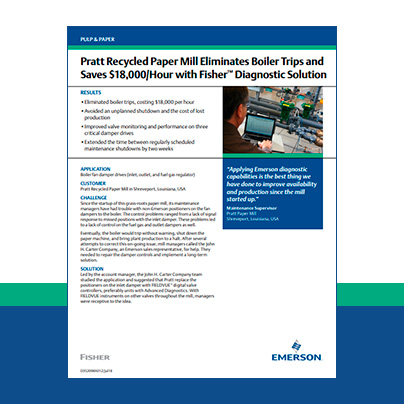 Pratt Recycled Paper Mill Eliminates Boiler Trips and Saves $18,000 per Hour with Fisher™ Diagnostic Solution